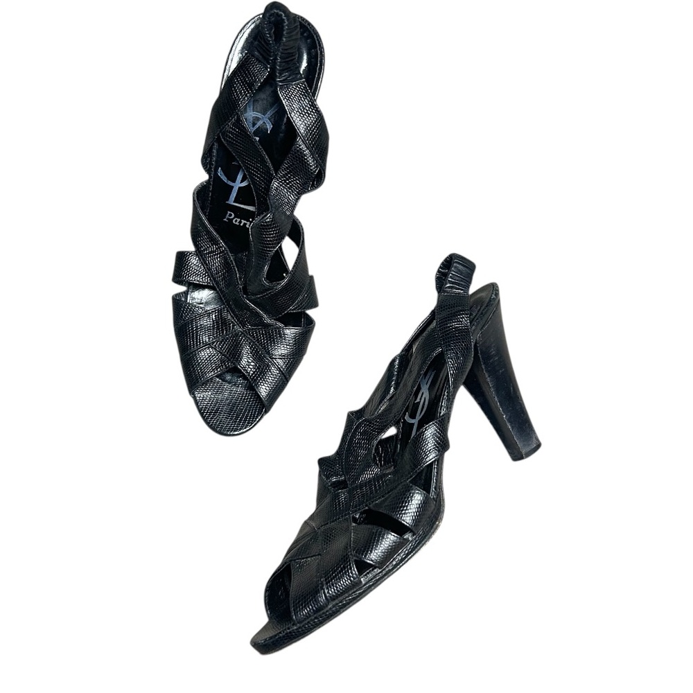 Yves Saint Laurent YSL Vintage Embossed Block Heel Peep Toe Sandals Size 9N - Picture 2 of 8